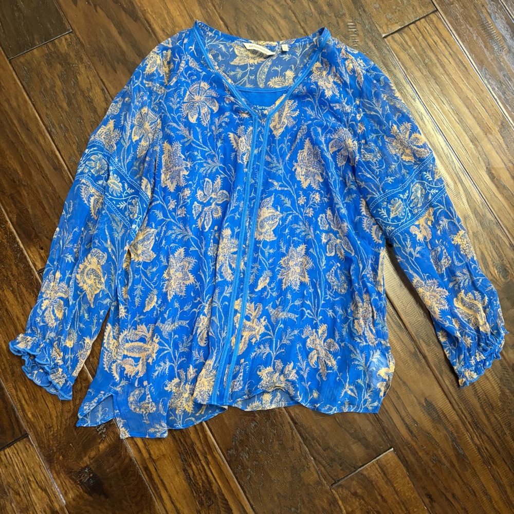 Soft Surroundings | floral print long sleeve top blouse | Royal blue | Large